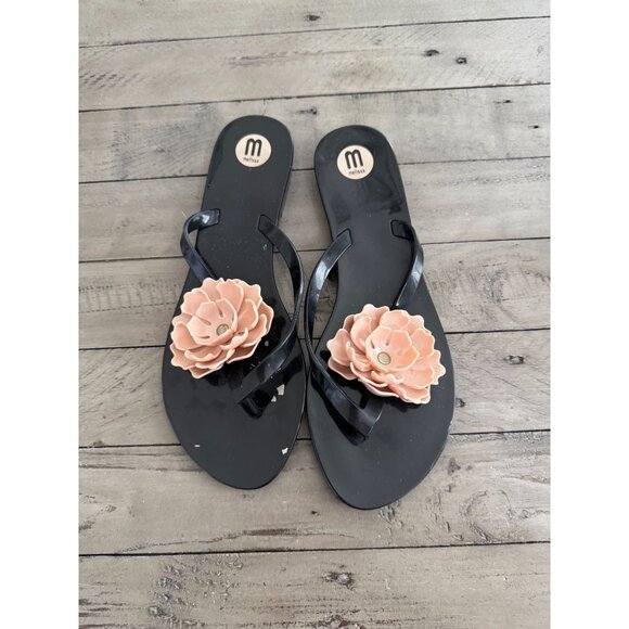 Melissa Harmonic Black with Beige Flower Jelly Rubber Flip Flop Sandals Size 8 - Picture 3 of 8